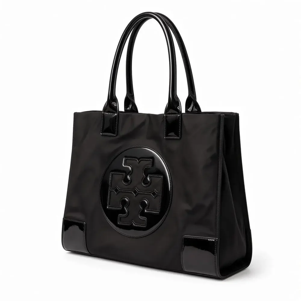 Tory Burch Ella Large Black Nylon Patent Logo Tote Bag Spacious Everyday